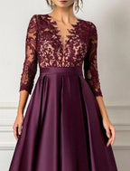 Gown Elegant Formal Wedding Guest Floor Length 3/4 Length Sleeve V Neck Satin with Pleats Sequin Evening Dress