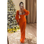 Simple Casual V-neck Long Sleeves Ruched Sheath Formal Party Prom Dress with Rhinestones