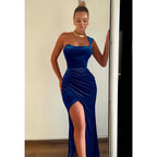 Velvet One Shoulder Pleats Blue Long Prom Dress with Slit Evening Gowns