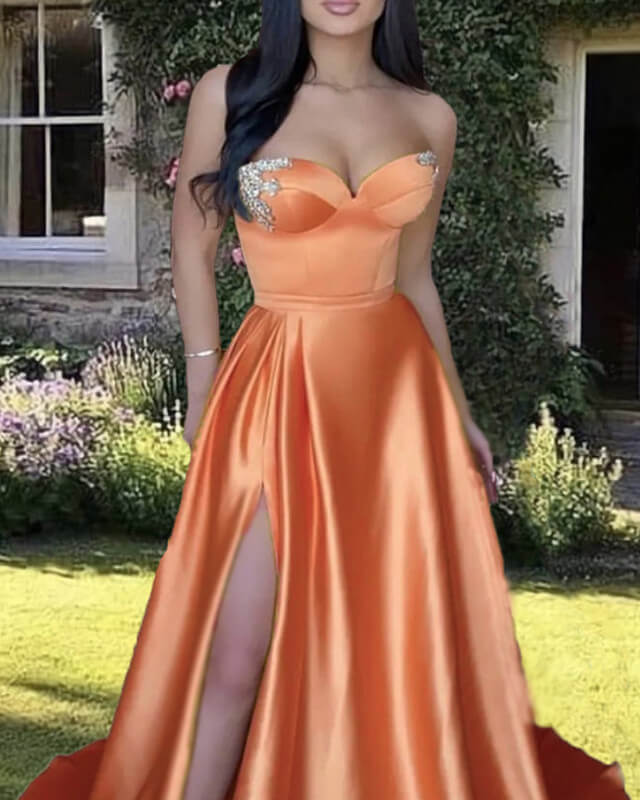 A-Line Long Orange Satin Sweetheart Split Gown Prom Dresses with Sweep Train