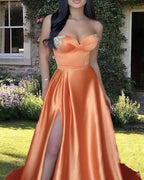 A-Line Long Orange Satin Sweetheart Split Gown Prom Dresses with Sweep Train