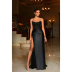 Sheath/column Strapless Lace Appliques Long Prom Formal Dress with Slit