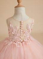 Princess Sleeveless Tulle Gown with Lace Appliques and Sweep Train for Girls