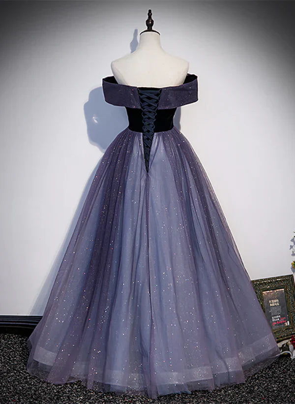 Sparkling Gradient Tulle Off Shoulder A-line Evening Dress Prom Dress
