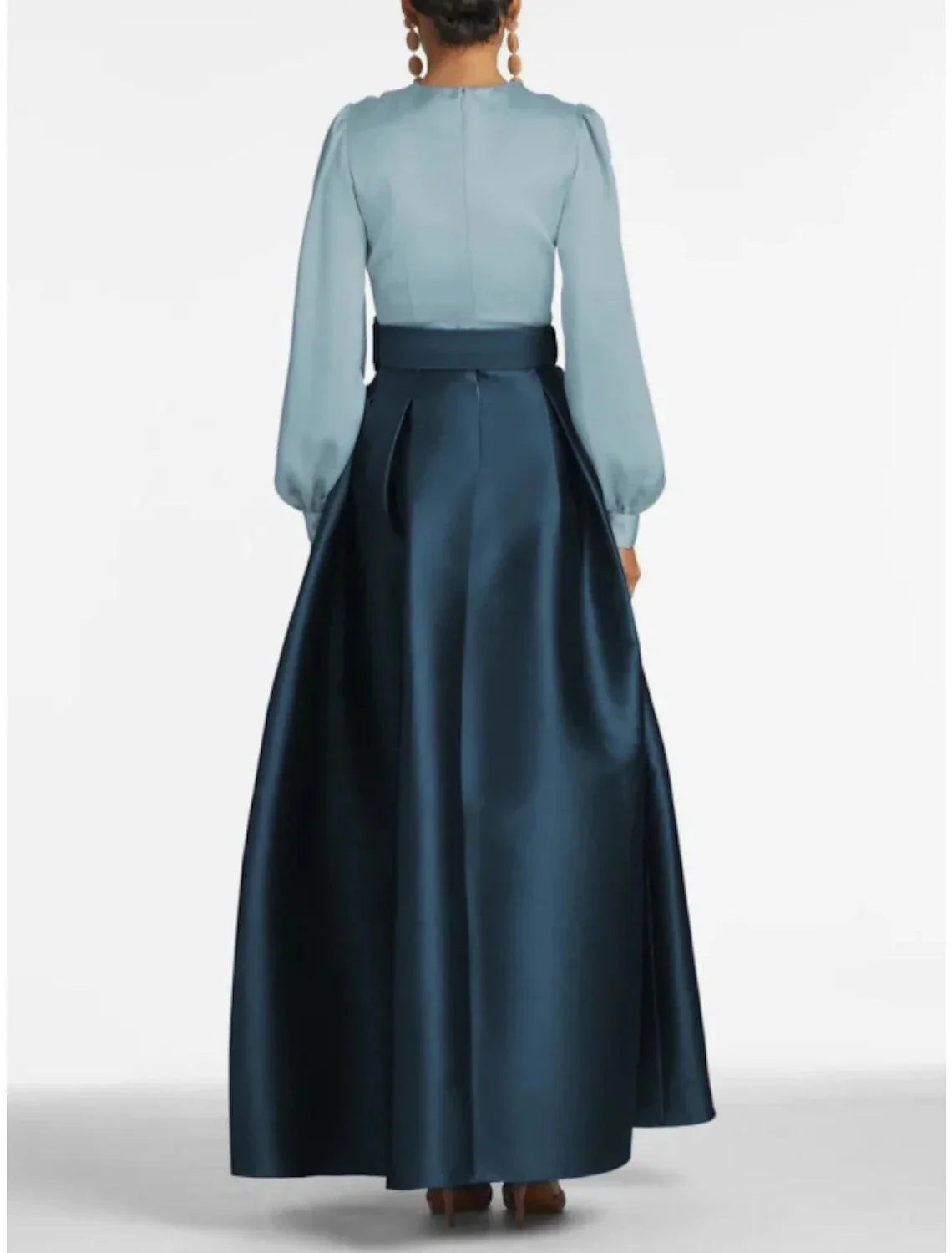 Satin Formal Plus Size Wedding Guest Dress Elegant Gown High Split Pocket Long Sleeve Floor Length Color Block V Neck Belt With Pleats Slit Evening Dress