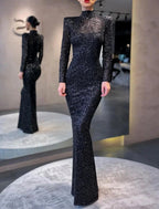 Gown Elegant Formal Cocktail Party Floor Length Long Sleeve High Neck Sequined with Sequin Evening Dress