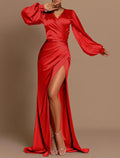Elegant Mermaid Dress Wedding Guest Fall Sweep / Brush Train Long Sleeve V Neck Satin with Ruched Slit Evening Dress