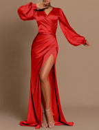 Elegant Mermaid Dress Wedding Guest Fall Sweep / Brush Train Long Sleeve V Neck Satin with Ruched Slit Evening Dress
