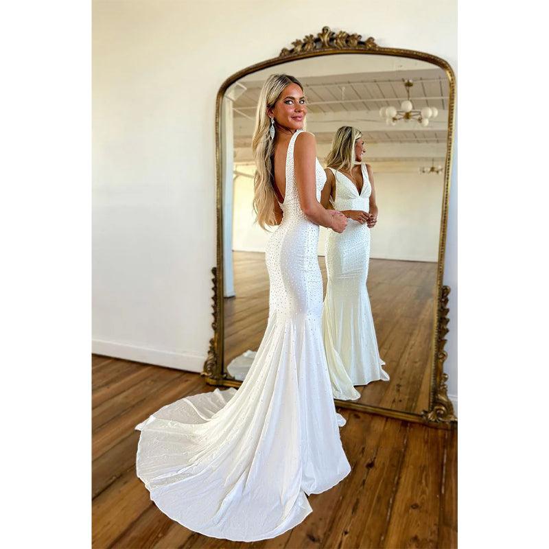 Plunging V Neck Beads Mermaid Long Prom Dress