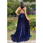 Plunging V-neck Velvet High Split Long Prom Dress