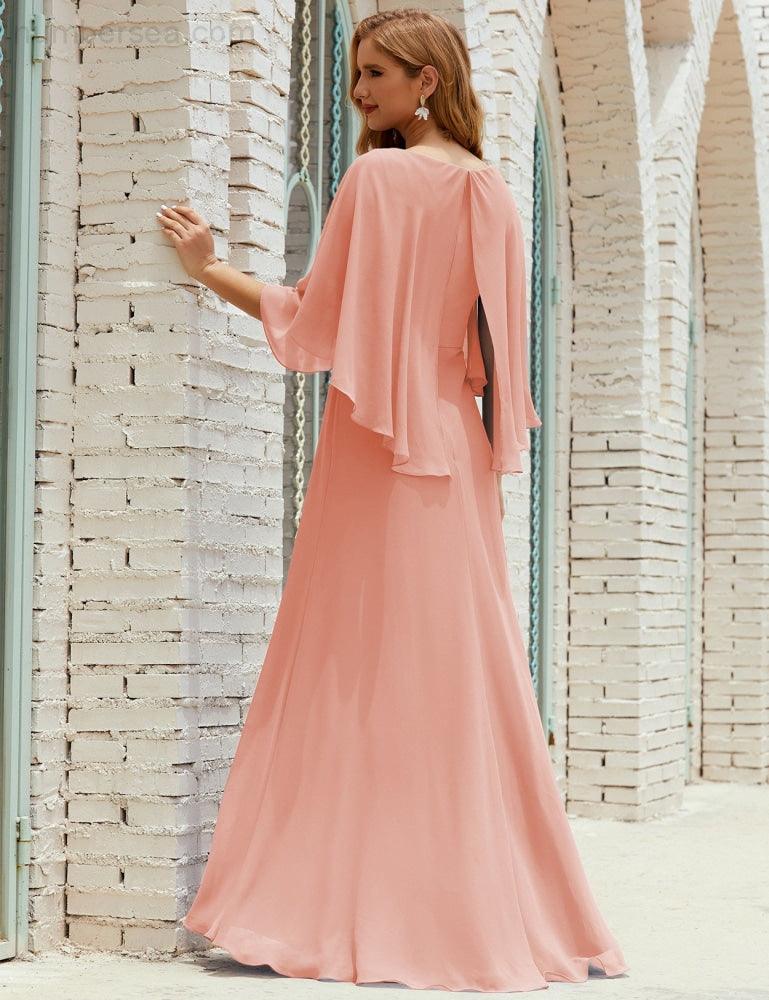 Sunnderly  Bridesmaid Dress Women Long Sleeve V-Neck Chiffon Formal Wedding Party Dress SY28018