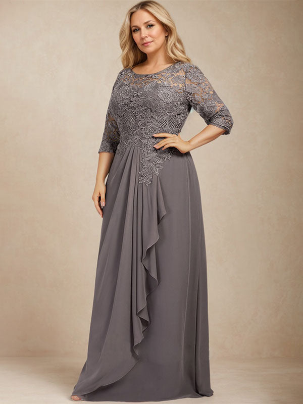 A-line Scoop Illusion Floor-Length Lace Chiffon Mother of the Bride Dress With Cascading Ruffles