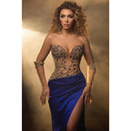 Strapless Beaded Illusion Satin Long Prom Dress with Slit Evening Gowns