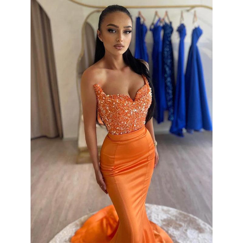 Sexy V Neck Orange Mermaid Prom Formal Dress Long Evening Party Gown