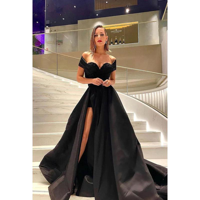 Sweetheart Off-Shoulder Sequined Ruched A-Line Long Prom Gown
