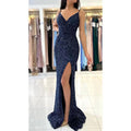 V-Neck Spaghetti Straps Sequined Mermaid Long Prom Gown