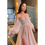 Sweetheart Off-Shoulder Long Sleeves A-Line Prom Gown With Slit