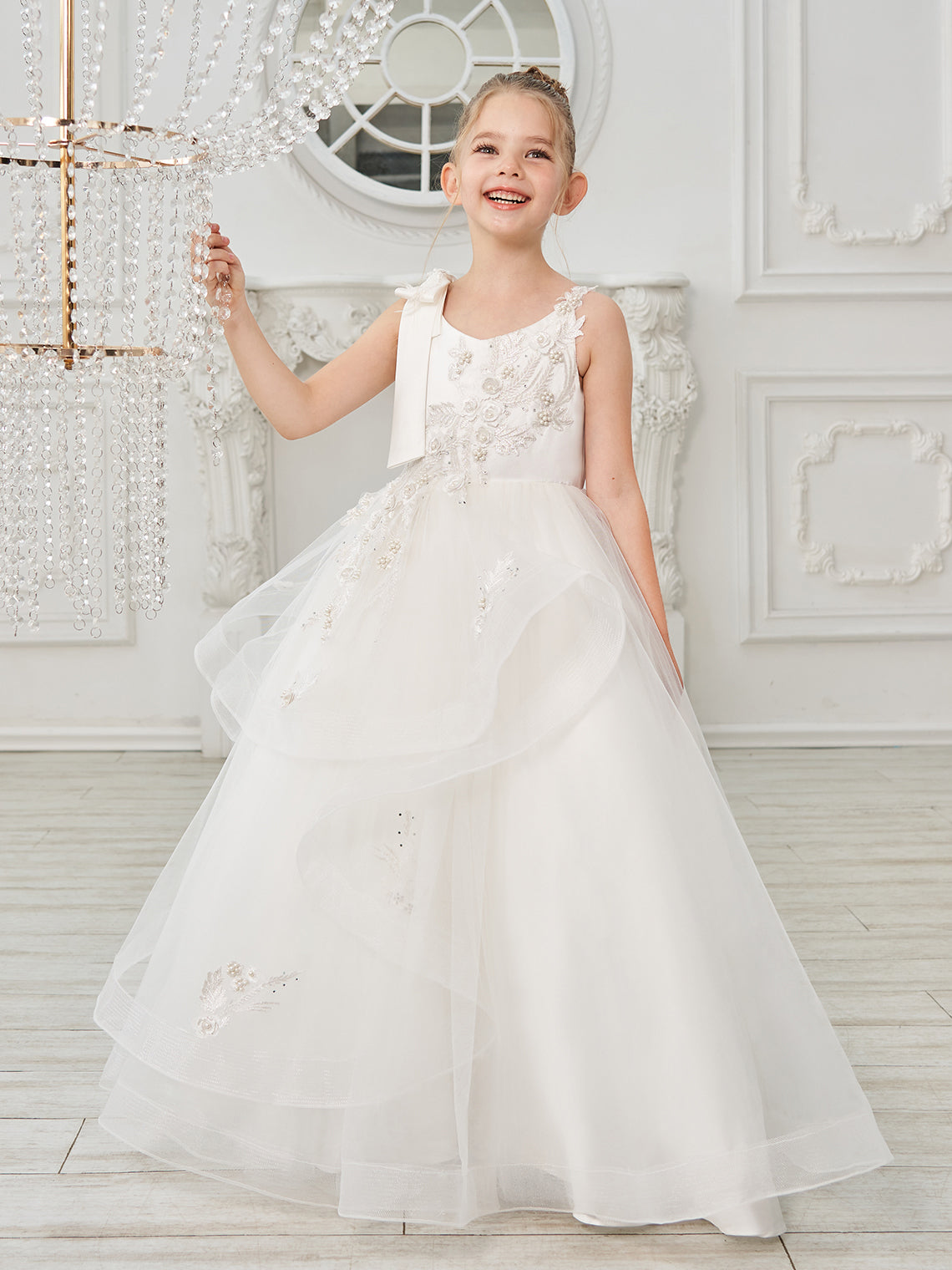 Ball-Gown/Princess Tulle Floor-length First Communion  Flower Girl Dress
