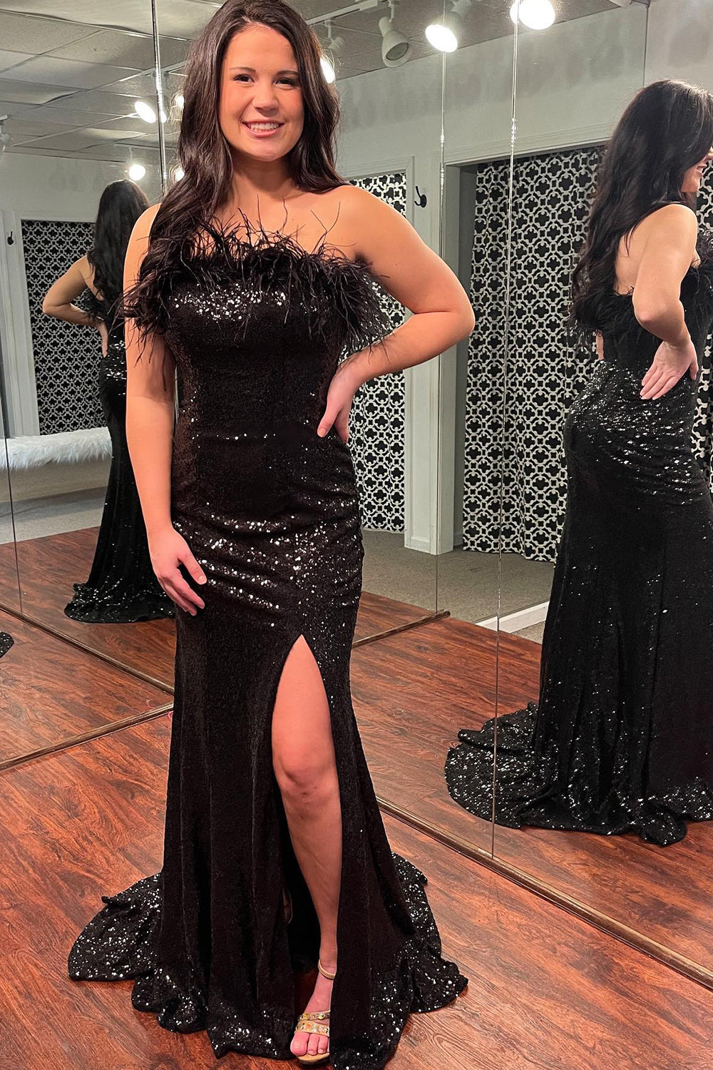 Mermaid Strapless Light Blue Sequins Long Prom Dress with Feathers