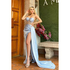 Sweetheart Strapless Beaded Ruched Satin Sheath Long Prom Evening Dress