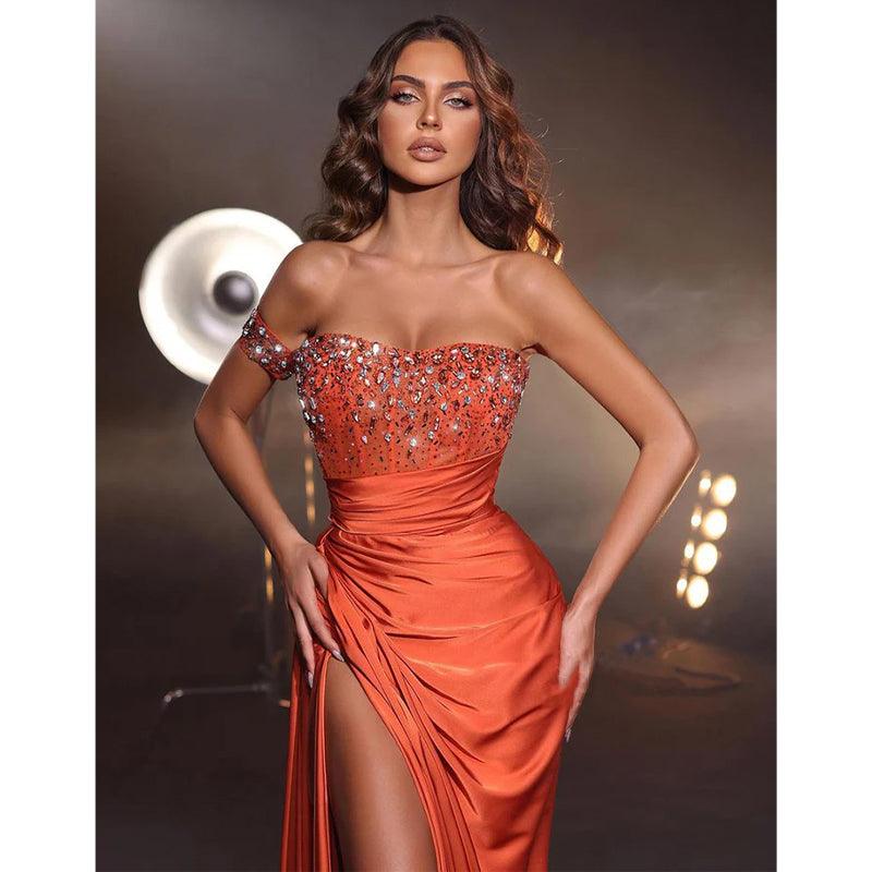 Strapless Bead Bodice Long Formal Evening Dress with Slit