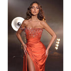 Strapless Bead Bodice Long Formal Evening Dress with Slit
