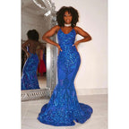 Sexy & HotMermaid Halter V-Neck Sleeveless Slit Sequins Evening Prom Dress
