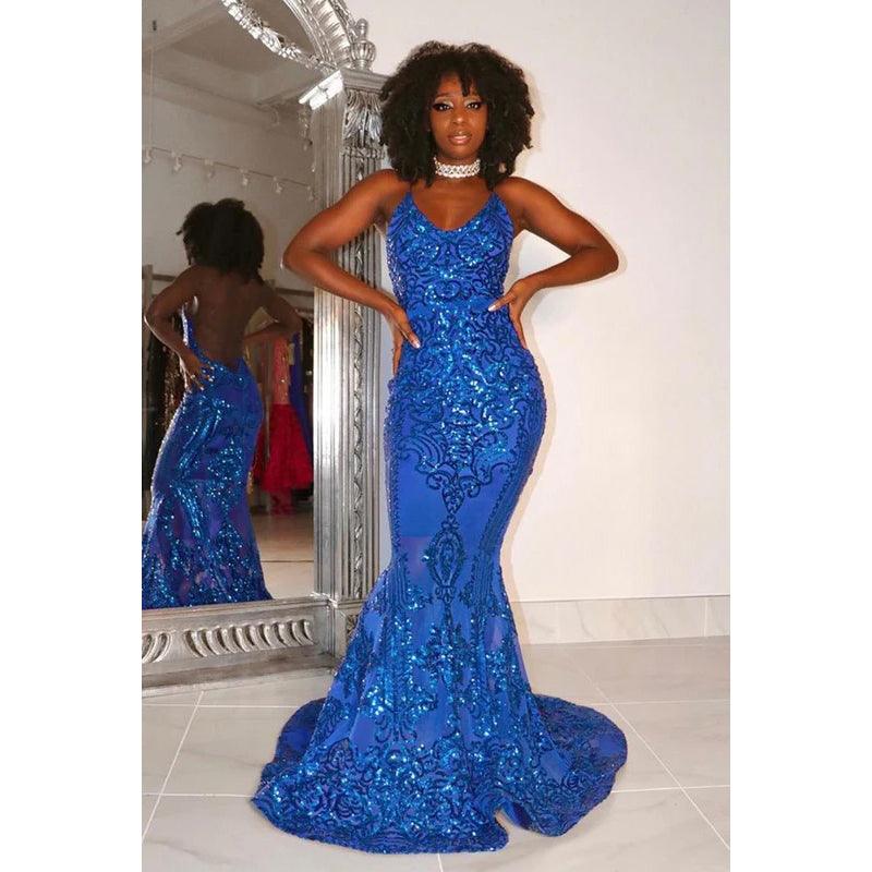 Sexy & HotMermaid Halter V-Neck Sleeveless Slit Sequins Evening Prom Dress