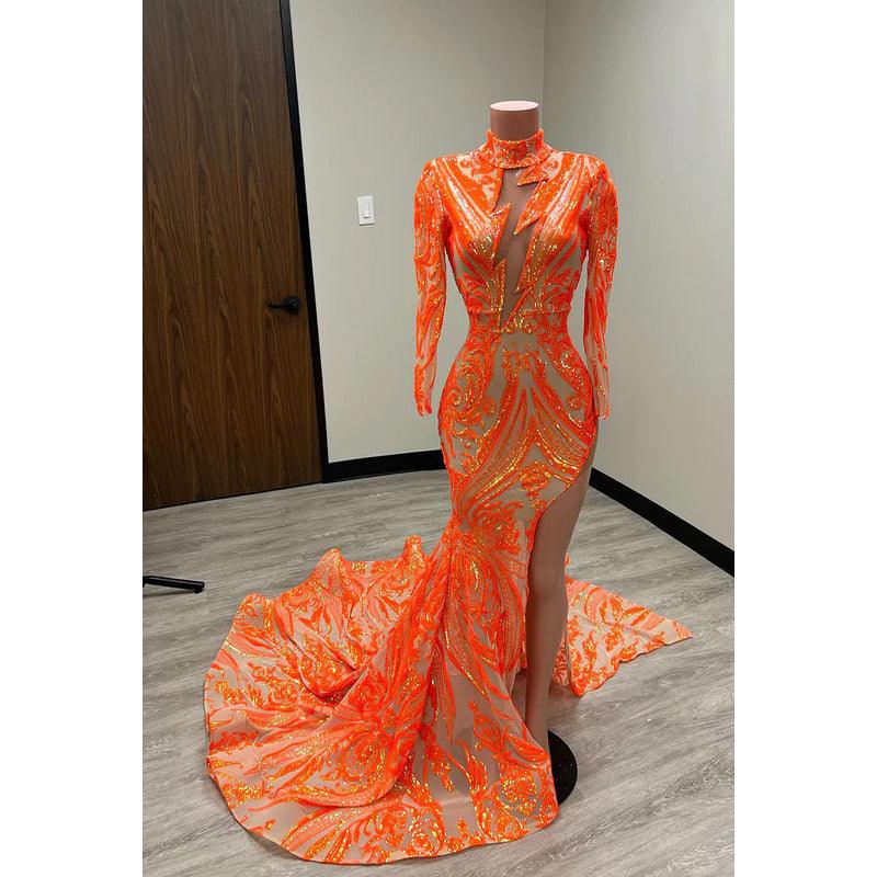 Sheath/Column High Neck Sequined Split Long Sleeves Prom Evening Formal Dress
