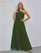 Ruffled One Shoulder Sleeveless Long Bridesmaid Dresses A-line Formal Evening Gown Side Split 28080