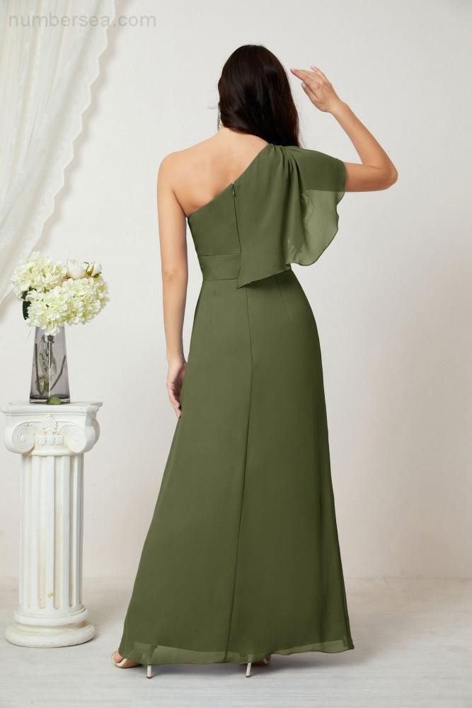 Numbersea  Chiffon Ruffled One Shoulder Long Bridesmaid Dresses A-line Formal Evening Gown Side Split 2809