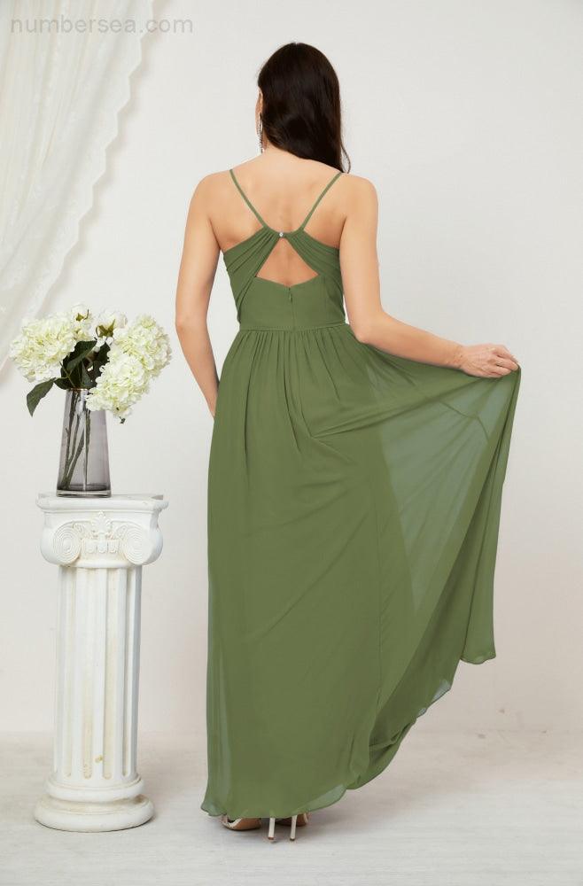 Baoleely  Neck Bridesmaid Dresses Chiffon Long Spaghetti A-line Formal Prom Gown for Wedding Party Evening 2801