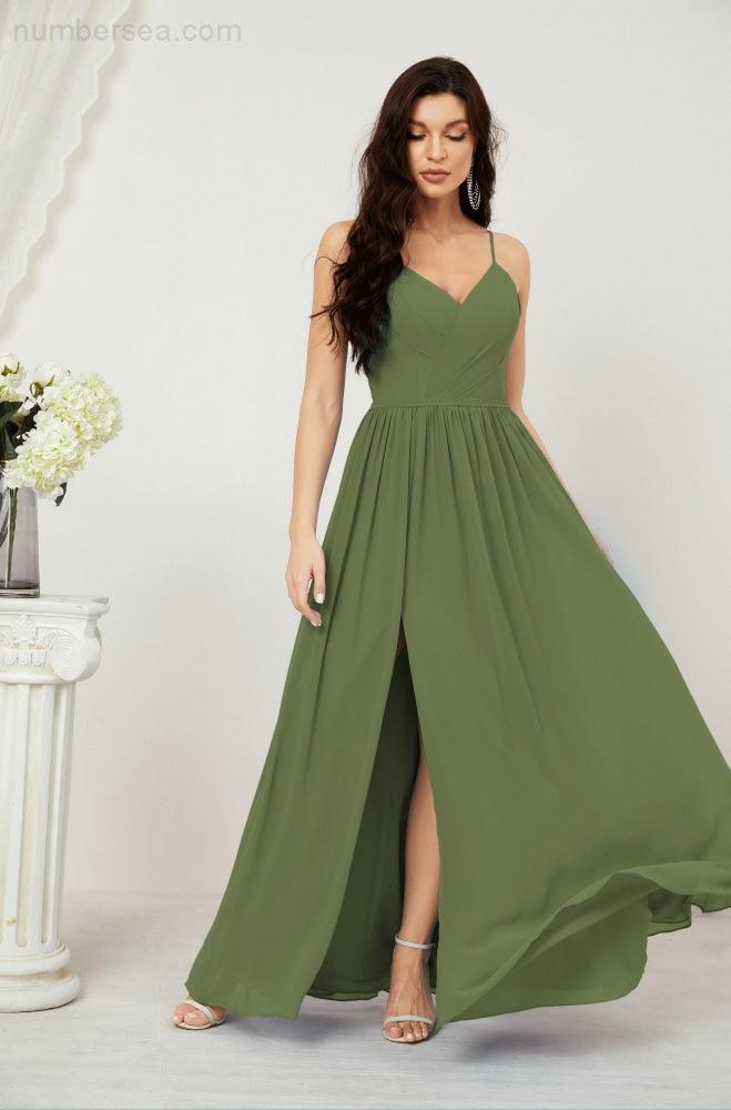 Baoleely  Neck Bridesmaid Dresses Chiffon Long Spaghetti A-line Formal Prom Gown for Wedding Party Evening 2801
