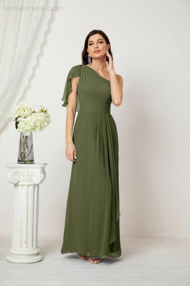 Numbersea  Chiffon Ruffled One Shoulder Long Bridesmaid Dresses A-line Formal Evening Gown Side Split 2809