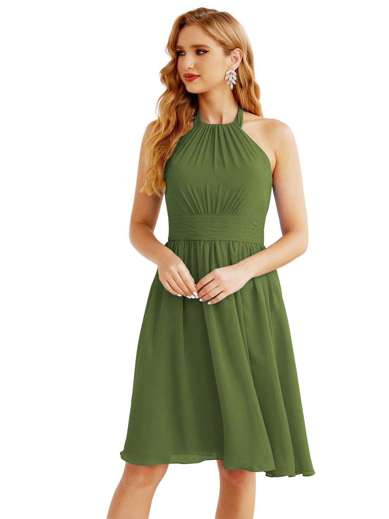 Baoleely Halter Chiffon Bridesmaid Dresses Short Sleeveless Formal Party Dress Open Back 28023