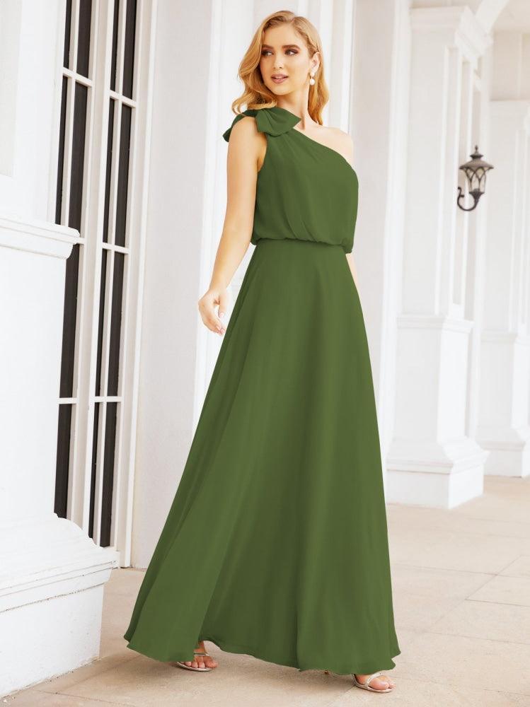 Numbersea Chiffon Ruffled One Shoulder Sleeveless Long Bride Dresses A-line Formal Evening Gown Side Split 28057