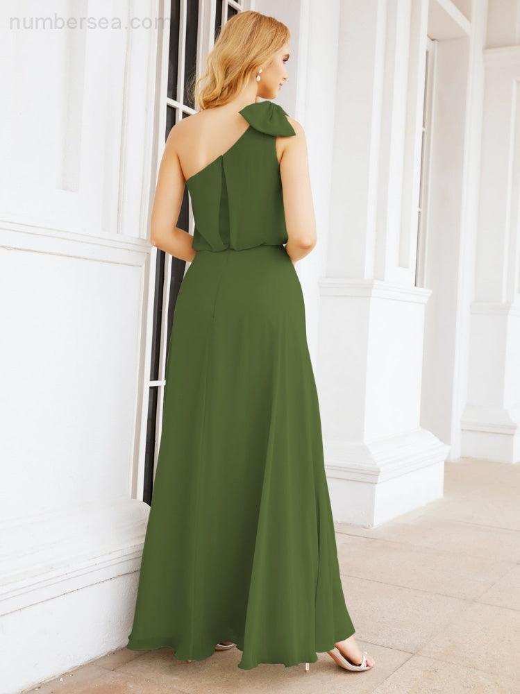 Numbersea Chiffon Ruffled One Shoulder Sleeveless Long Bride Dresses A-line Formal Evening Gown Side Split 28057