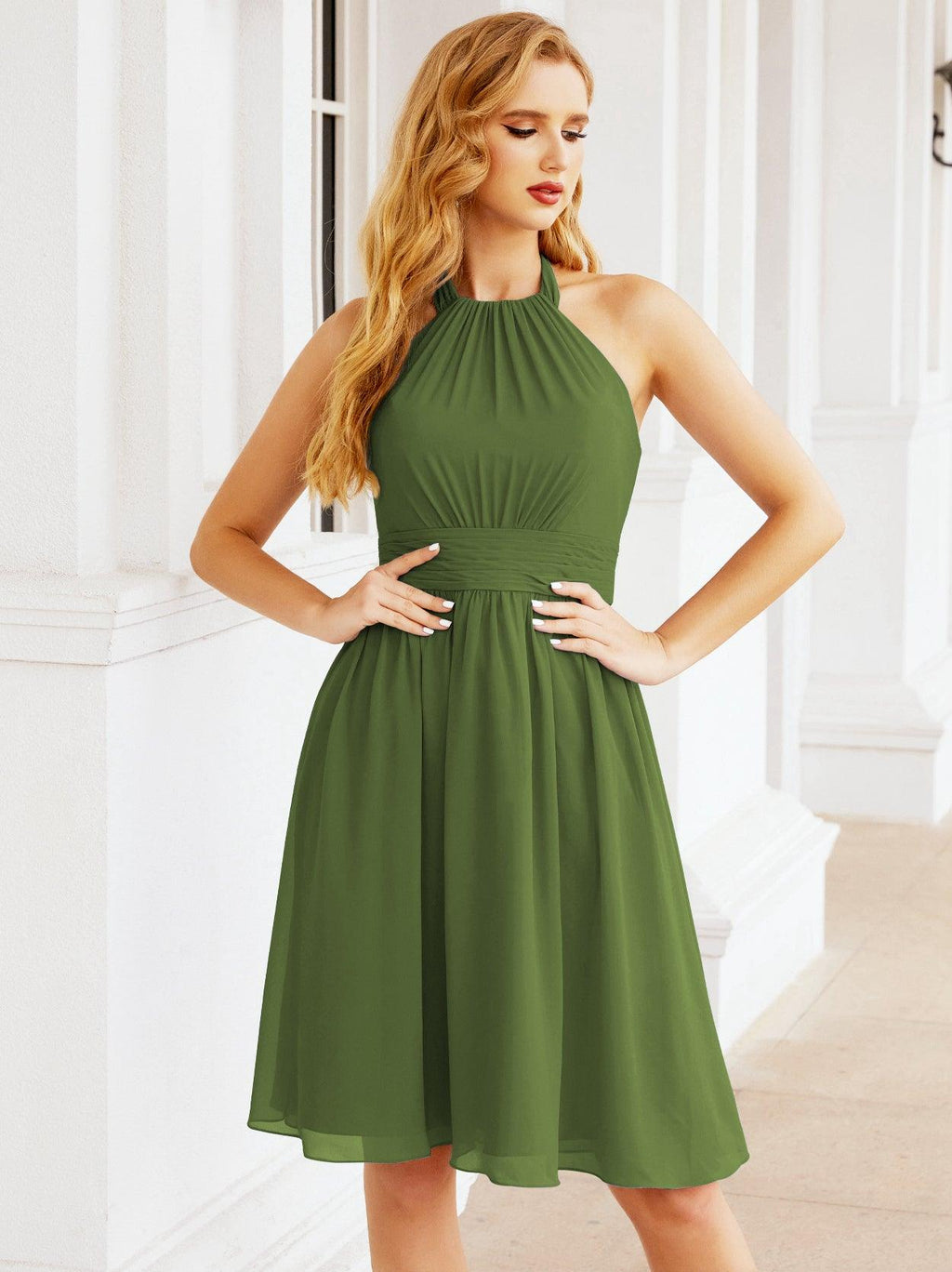 Baoleely Halter Chiffon Bridesmaid Dresses Short Sleeveless Formal Party Dress Open Back 28023