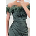 Simple & Casual Off-Shoulder Cap Sleeves Ruched Side Slit Formal Prom Dress