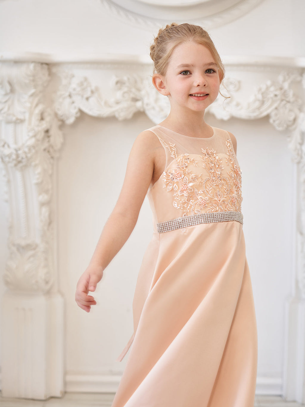 A-line Satin Tulle Sweep Train Champagne Dress (010226776)