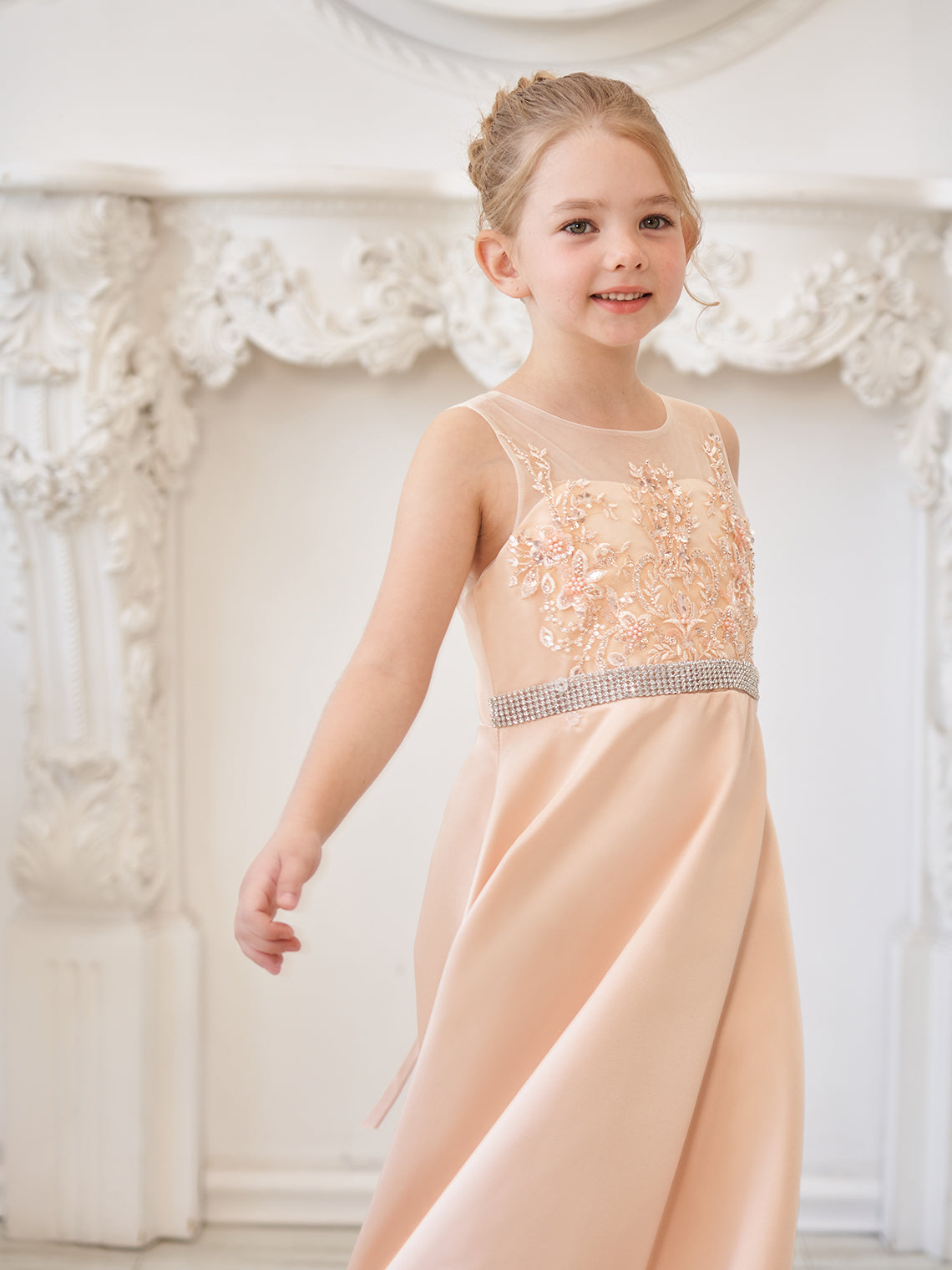 A-line Satin Tulle Sweep Train Champagne Dress (010226776)