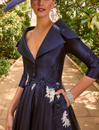 Formal Wedding Floor Length 3/4 Length Sleeve Shirt Collar Satin with Beading Embroidery Pocket Evening Gown Elegant Dress