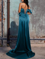 Gown Elegant Formal Floor Length Sleeveless Strapless Satin with Rhinestone Slit Evening  Dress