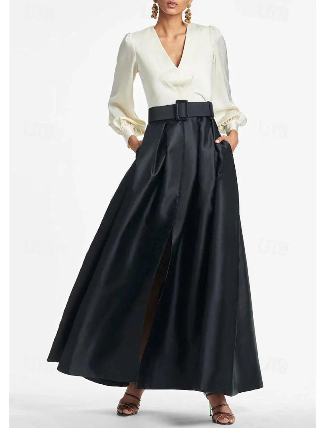 Satin Formal Plus Size Wedding Guest Dress Elegant Gown High Split Pocket Long Sleeve Floor Length Color Block V Neck Belt With Pleats Slit Evening Dress