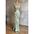 Unique Square Neckline Satin Beads Mermaid Long Prom Formal Dress