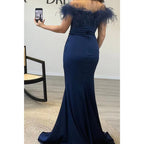 Sheath/column Off-shoulder Feather Saitn Long Prom Evening Dress