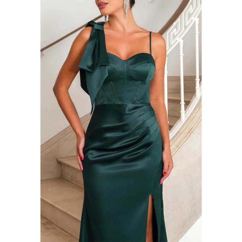 Satin Sweetheart Spaghetti Straps with Side Slit Party Prom Evening Dress