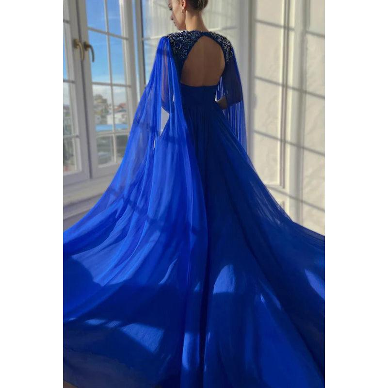 Elegant & Luxurious V-neck A-line Ruched Side Slit Formal Prom Dress With Embroidered