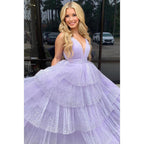 Sparkly Lilac V-neck Ball Gown Long Prom Dress Evening Gowns