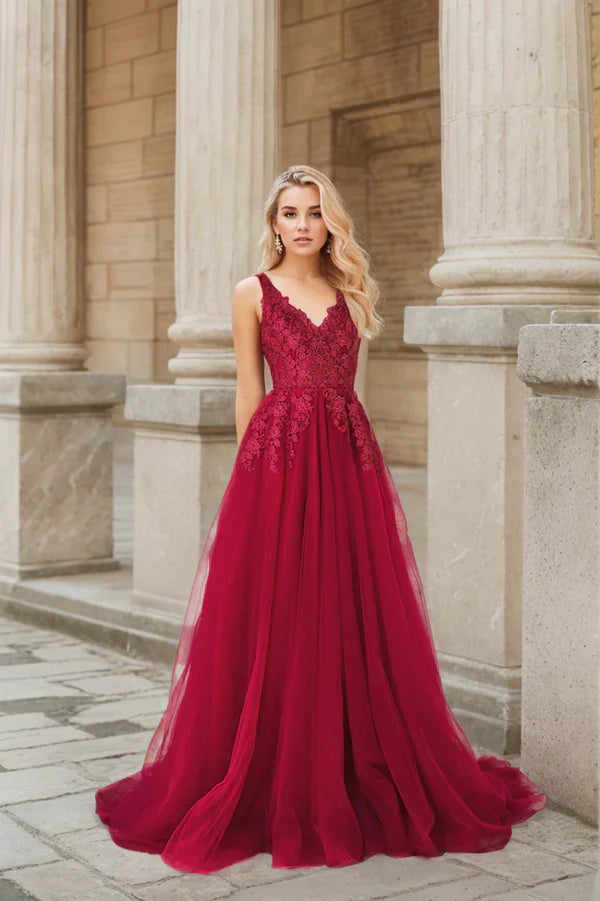 Mysteria  deep V-neck lace soft tulle prom dress colored wedding dress